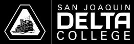 Black and white logo with a photo of a large boat that reads San Joaquin Delta College