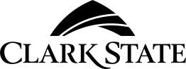 Clark State College logo in black with stylized abstract graphic above the text.