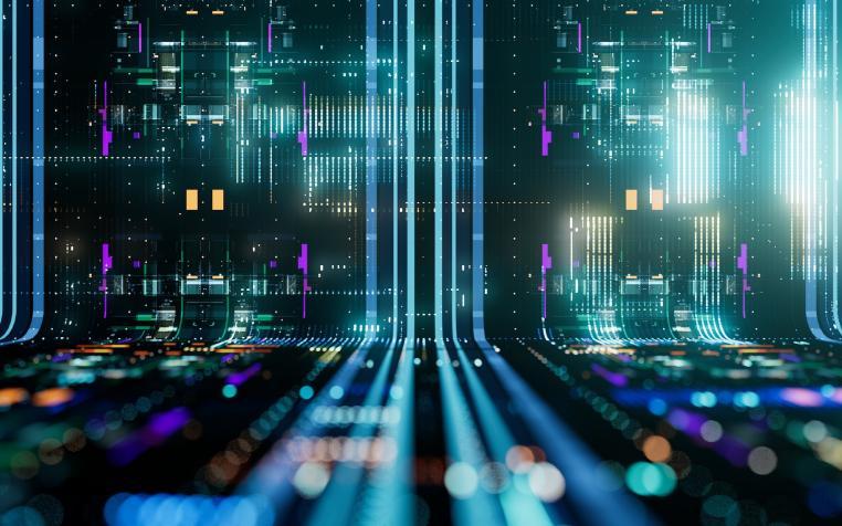 Abstract digital cityscape made from visual of motherboard with vertical light streams and geometric patterns