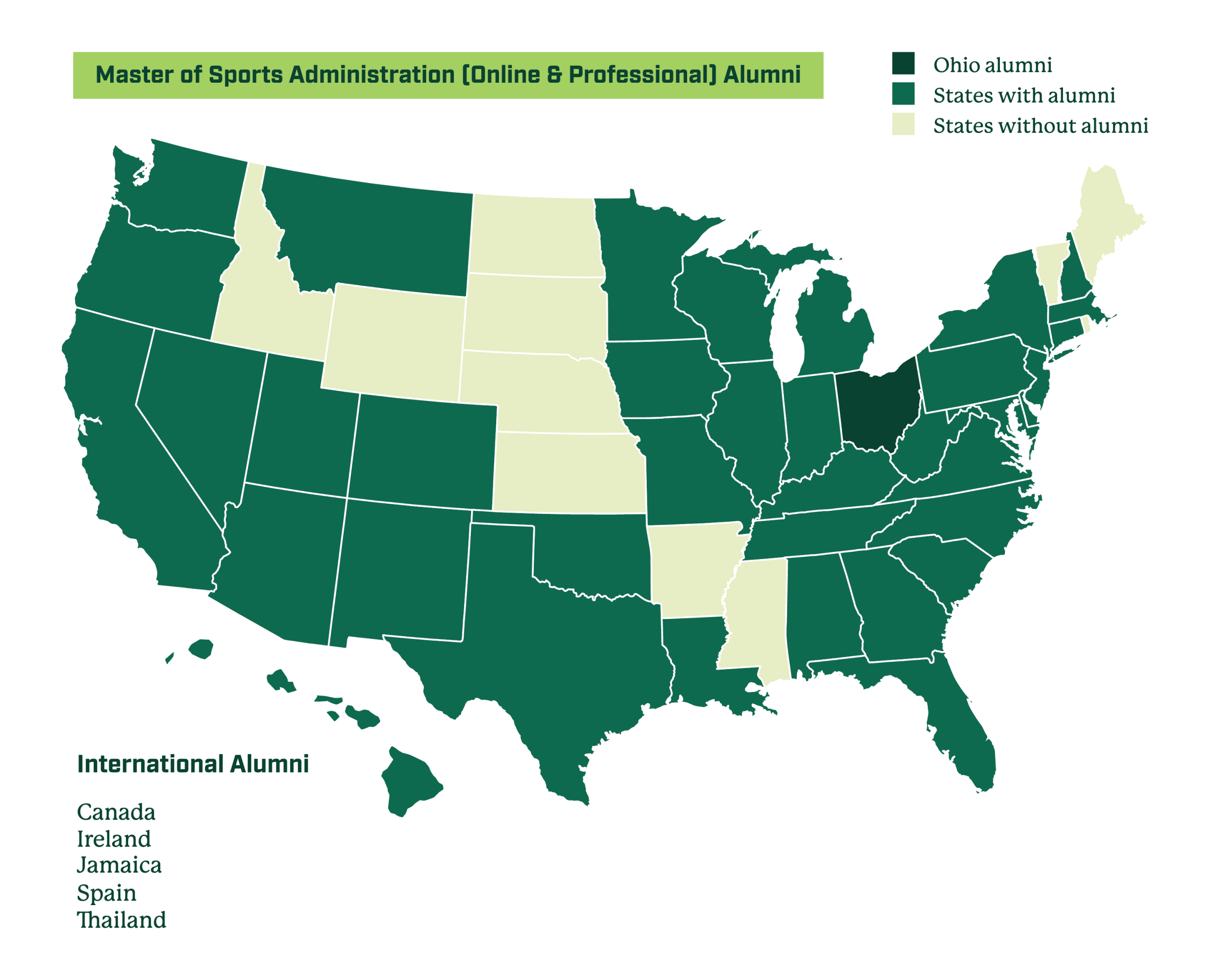 Graphic image of a map of the United States that depicts states with Master of Sports Administration (Online & Professional) Alumni in different colors.