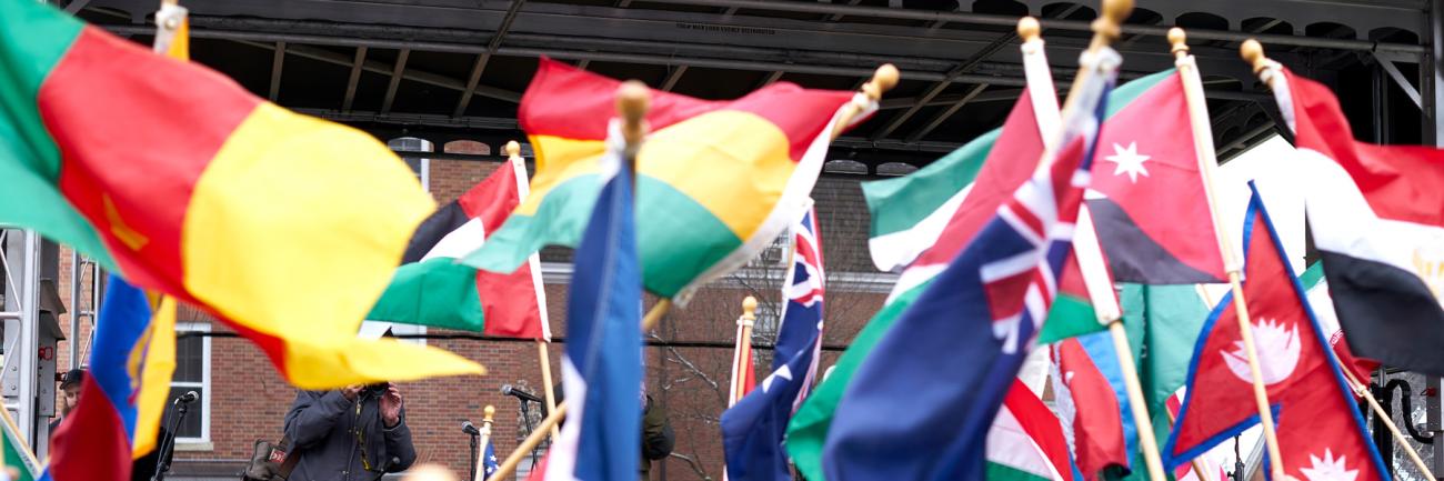 a jumble of international flags waving