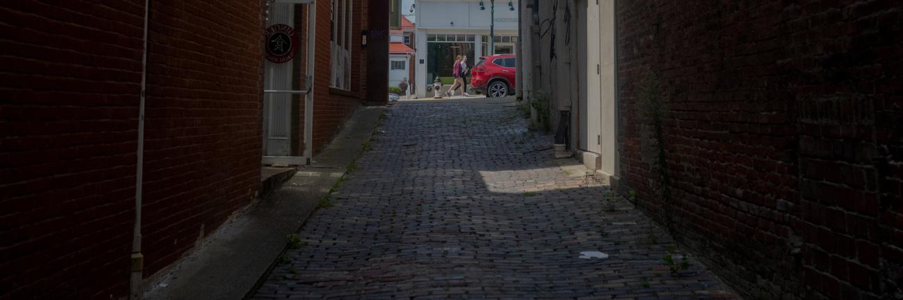 A narrow brick road in uptown Athens, Ohio