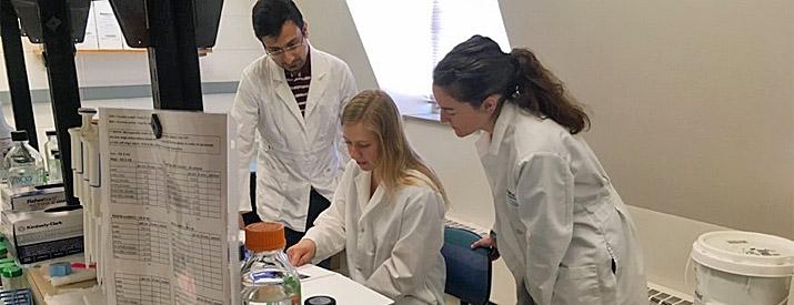 From left, Subhodip Adhicary (TBS graduate student), Samantha Selhorst (HTC Neuroscience student), Dr. Corinne Nielsen (Assistant Professor, Biological Sciences)