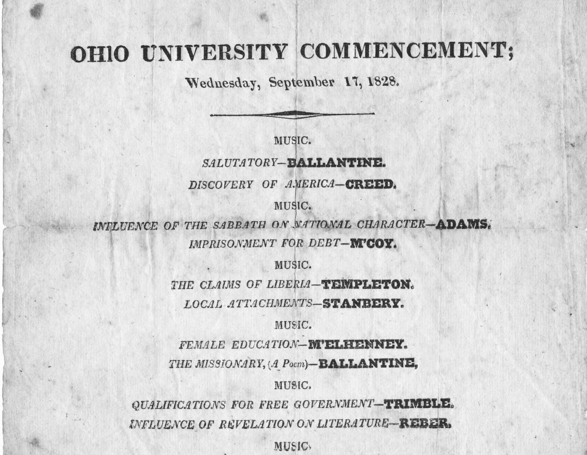 The 1828 commencement program notes John Newton Templeton's talk. 