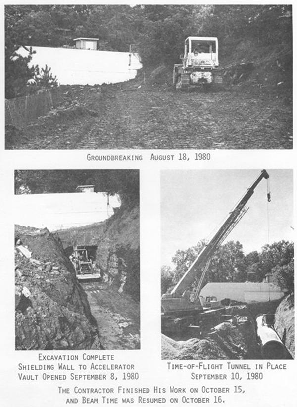 A flier commemorating the completion of the neutron time-of-flight tunnel, from the groundbreaking on Aug. 18 to tunnel in place on Sept. 10, 1980.