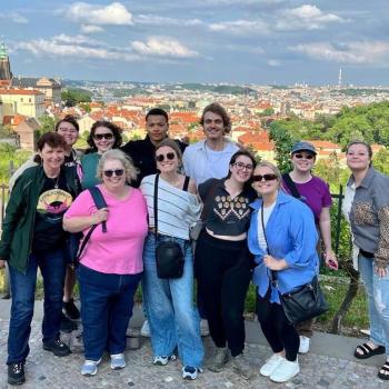 Study away students pose in Europe