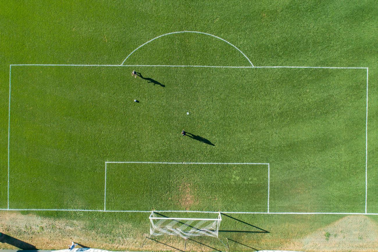 aerial photo of soccer penalty box