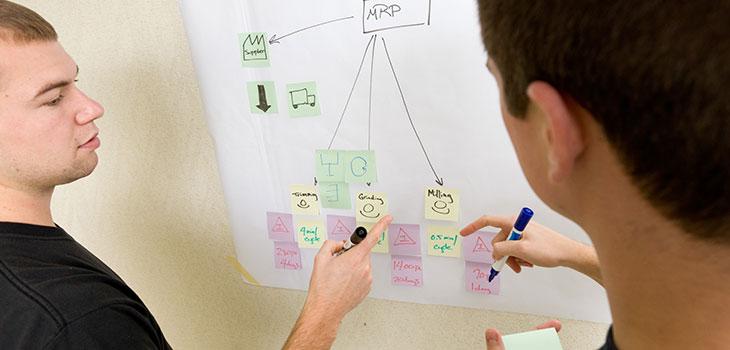 Two students plan out a project on a whiteboard
