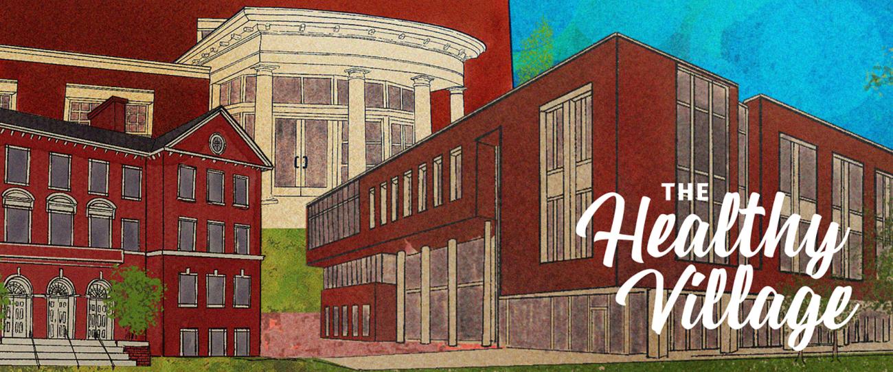 A depiction of several red-brick buildings with the text "The Healthy Village"