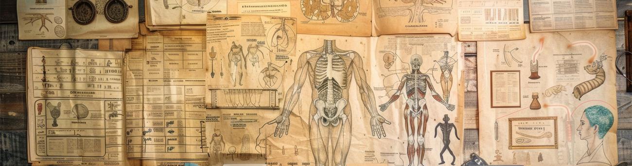 Biomedical illustrations pinned to a wall.