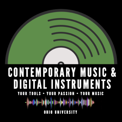 A logo with a vinyl record that says "当代音乐和数字乐器: Your tools, your passion, your music"