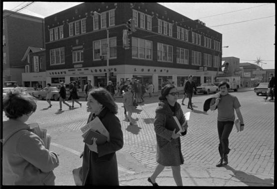 Pedestrians crossing at South Court Street and East Union Street intersection, 1969