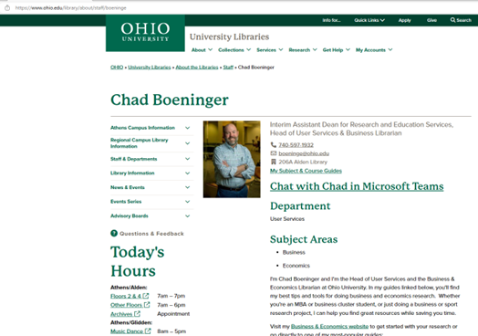 Chad Boeninger's profile page on the library web site