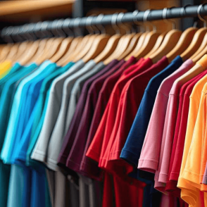 Shirts color coordinated hung up on a clothes rack by hangers