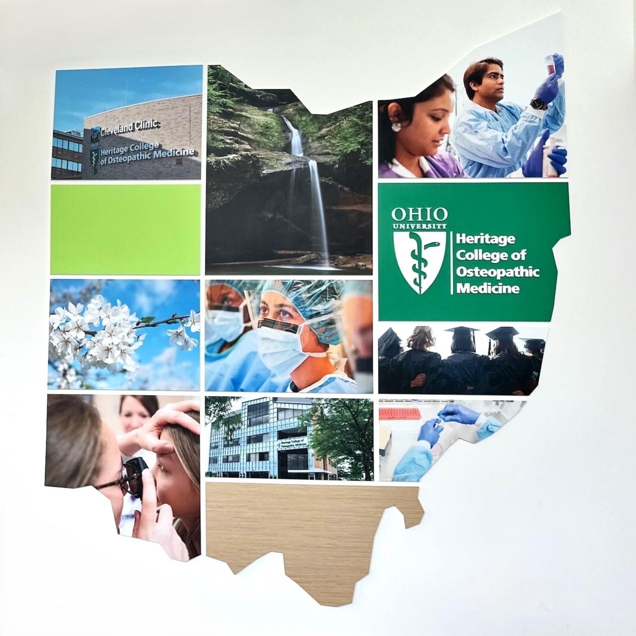 A silhouette of the state of Ohio being used as a photo collage with the Heritage College logo