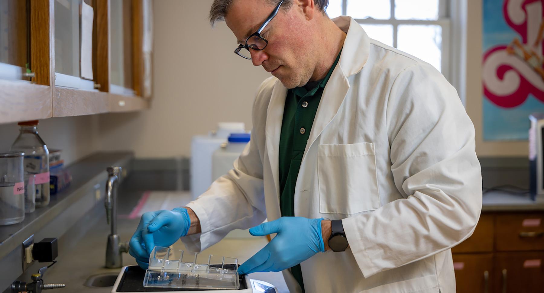 研究er analyzing samples in a lab.