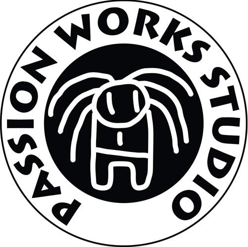Black and white logo for Passion Works Studio