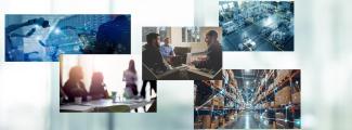 Cybersecurity operations images in factories and business settings.
