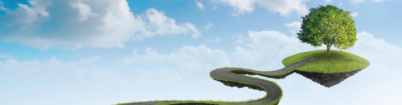 Winding road leading to tree on floating island