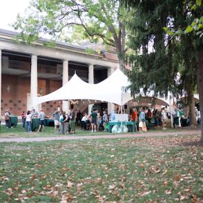 Ohio University's Athens Campus main green with tents set up at the side of Memorial Auditorium