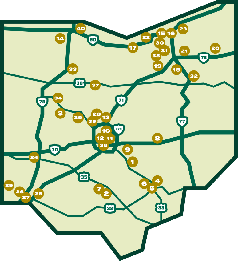Map of Ohio with numbered dots that correlate to the location of the breweries listed below.