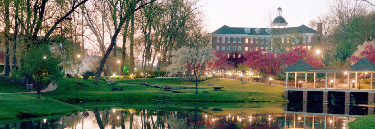 Emeriti Park and Baker Center at night