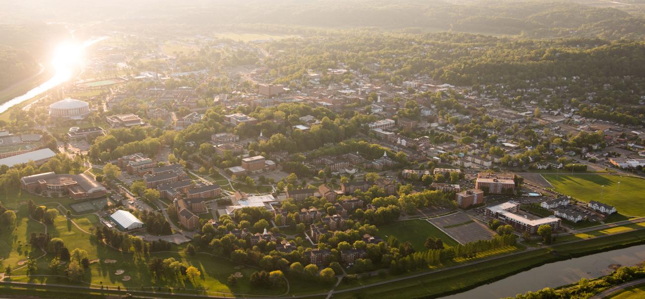 Aerial view of the Athens Campus at sunset