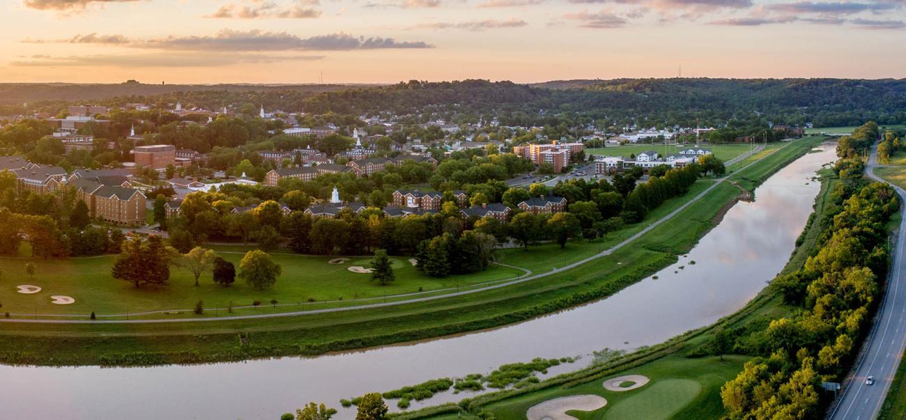 Aerial view of the Athens Campus at sunset