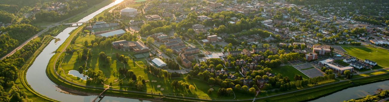 Aerial view of the Athens Campus at sunset