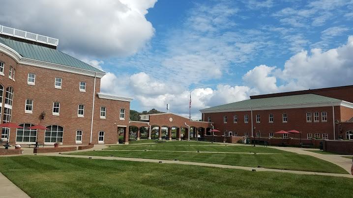 A courtyard with green grass surrounded by brick buildings