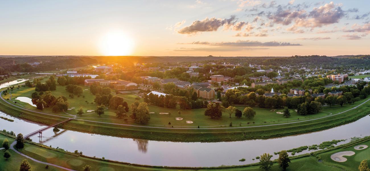 Aerial view of Ohio University's Athens campus at sunset