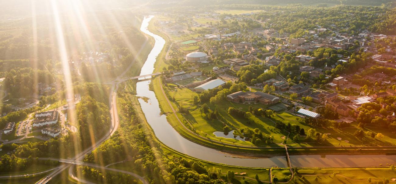 Aerial view of Ohio University's Athens campus at sunset