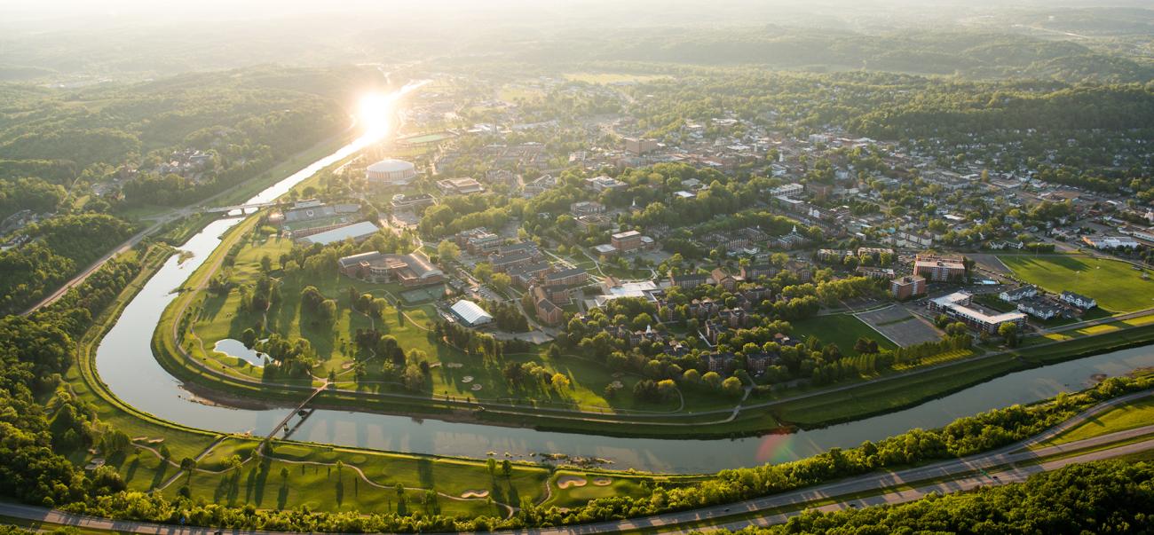 Aerial view of Ohio University's Athens campus at sunset