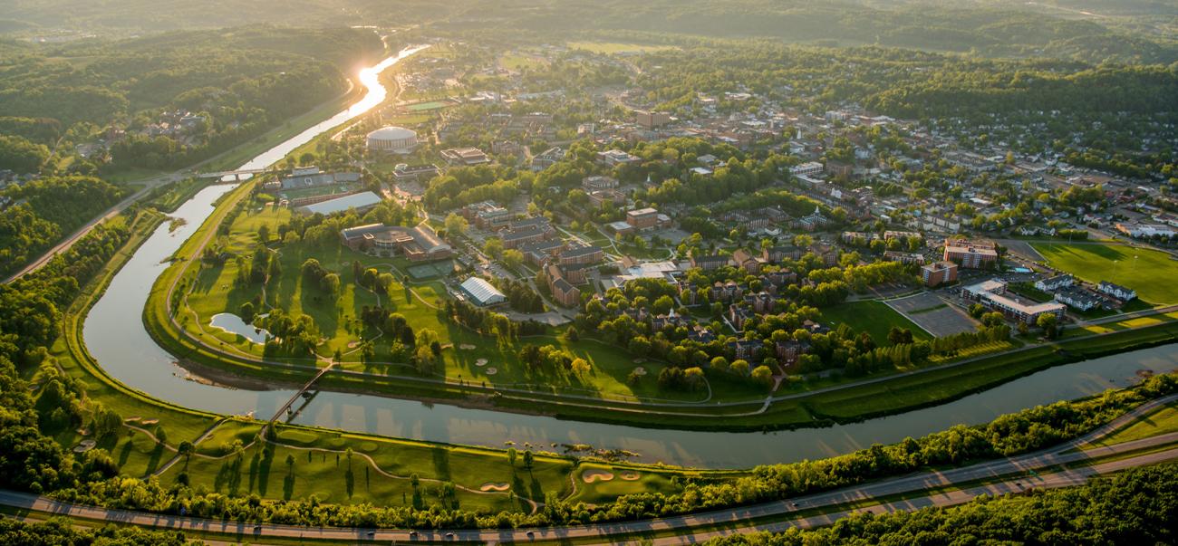 Aerial view of Ohio University's Athens campus at sunset