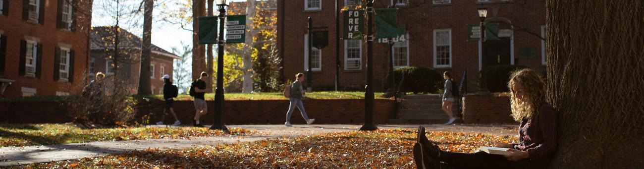 A student studies while sitting under a tree in front of Cutler Hall and McGuffey Hall as students walk by in the background.