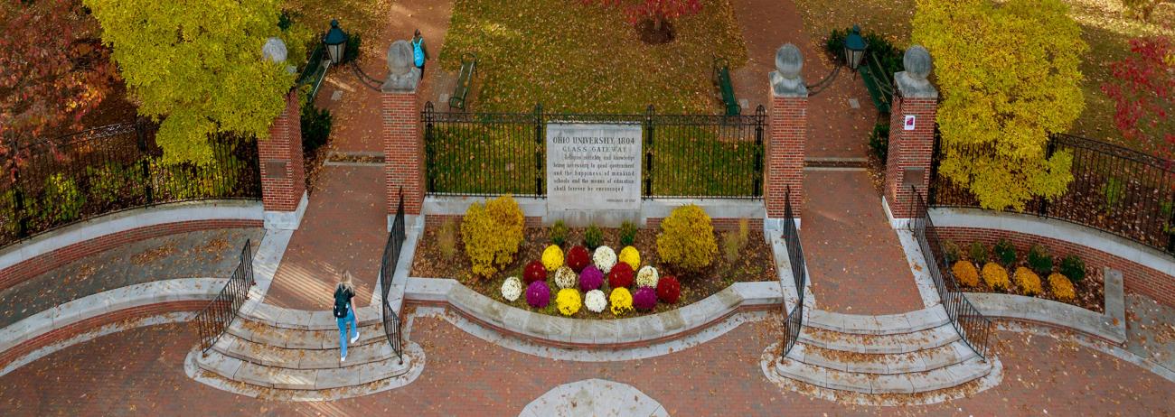 Aerial photo of Ohio University's Class Gateway in the fall