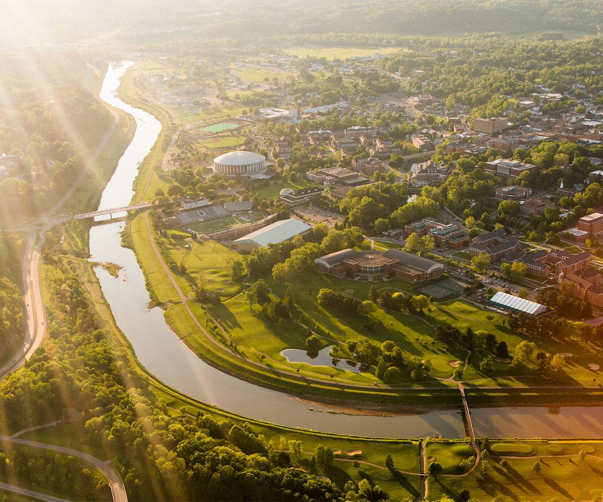 An aerial view of the Ohio University campus and the greater Athens, Ohio, area.