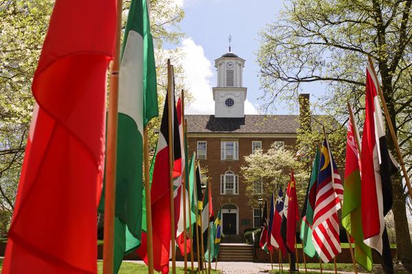 Flags in front of building
