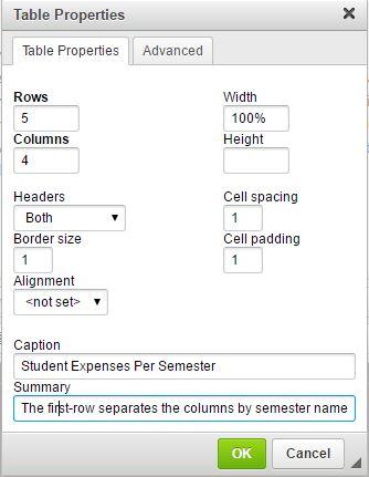 An example of the popup a user will see while making a table.