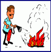 Cartoon man extinguishing fire