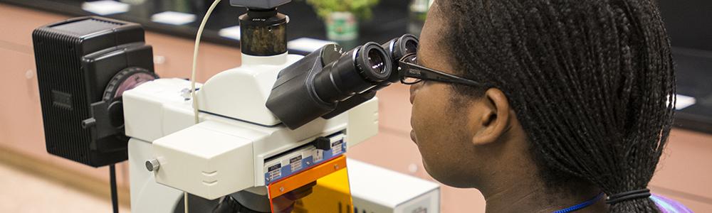 Photo of kid looking into a microscope.