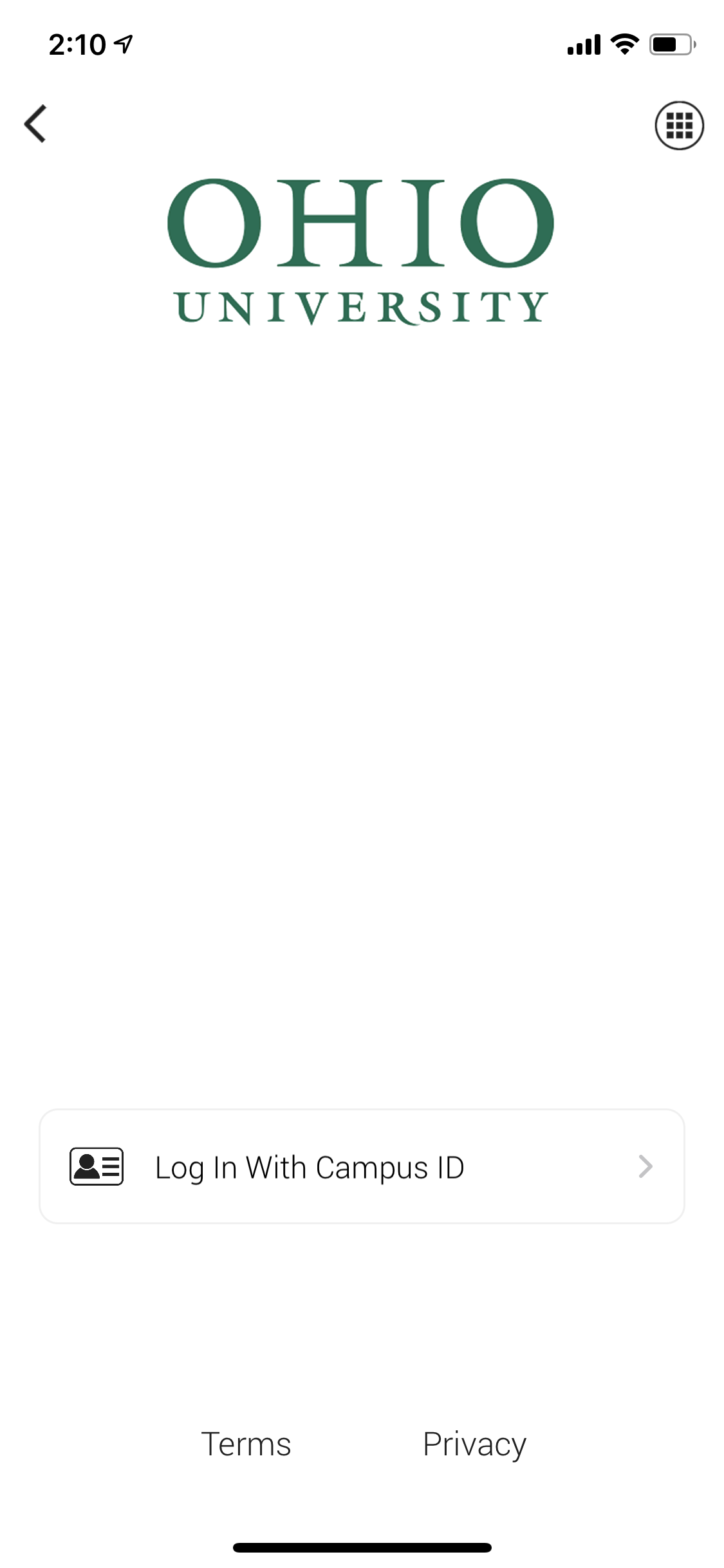 OHIO EATS app screen 3: choose "log in with campus ID"