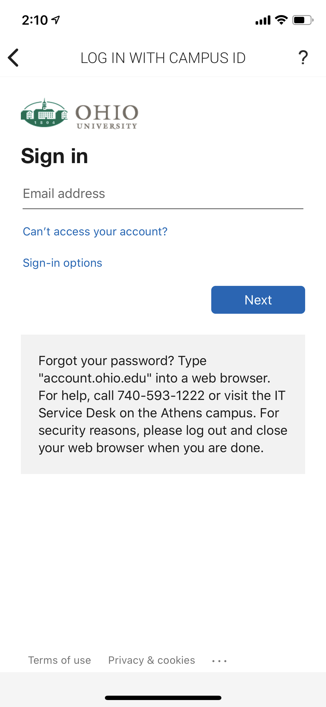 OHIO EATS app screen 4: Log in with your OHIO ID