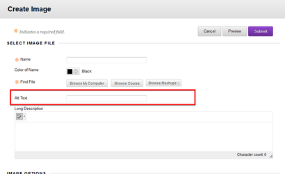 Screenshot of Blackboard showing Alt Text Box