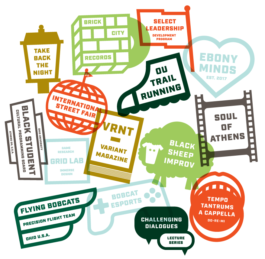 illustrated badges in different brand colors containing titles of various student organizations
