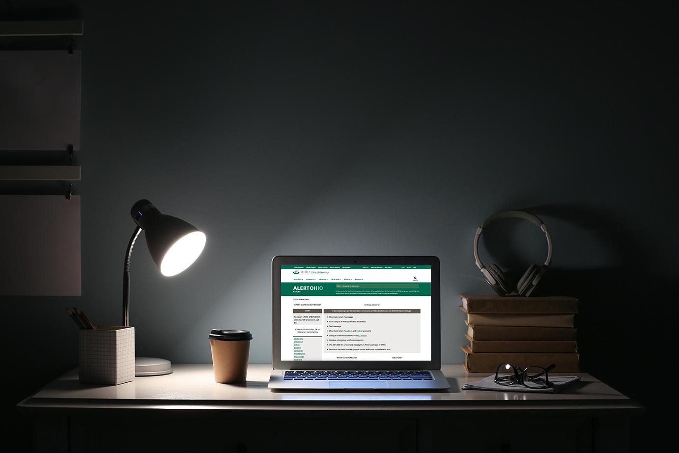Ohio University alerts page on a computer screen in the dark