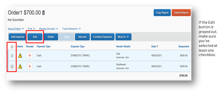 Concur Expense Edit Multiple Lines