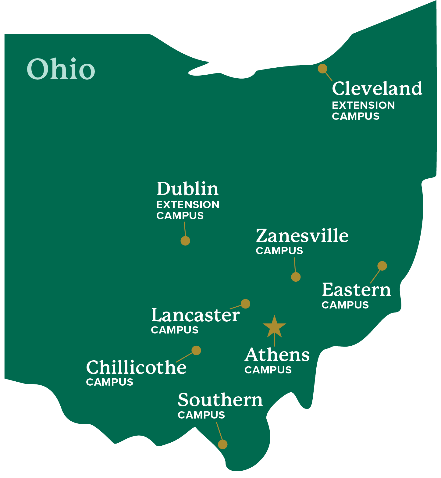 map of the state of Ohio with indicators for each 俄亥俄大学 campus