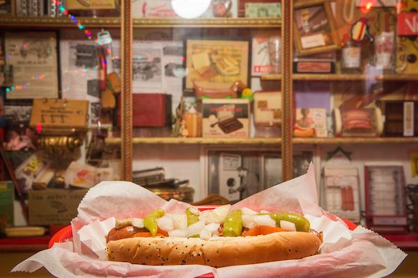 Close-up of a loaded hot dog at O'Betty's Red Hot in Athens, OH
