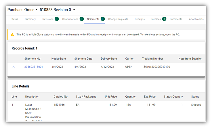 Shipments Tab Example for BCB PO